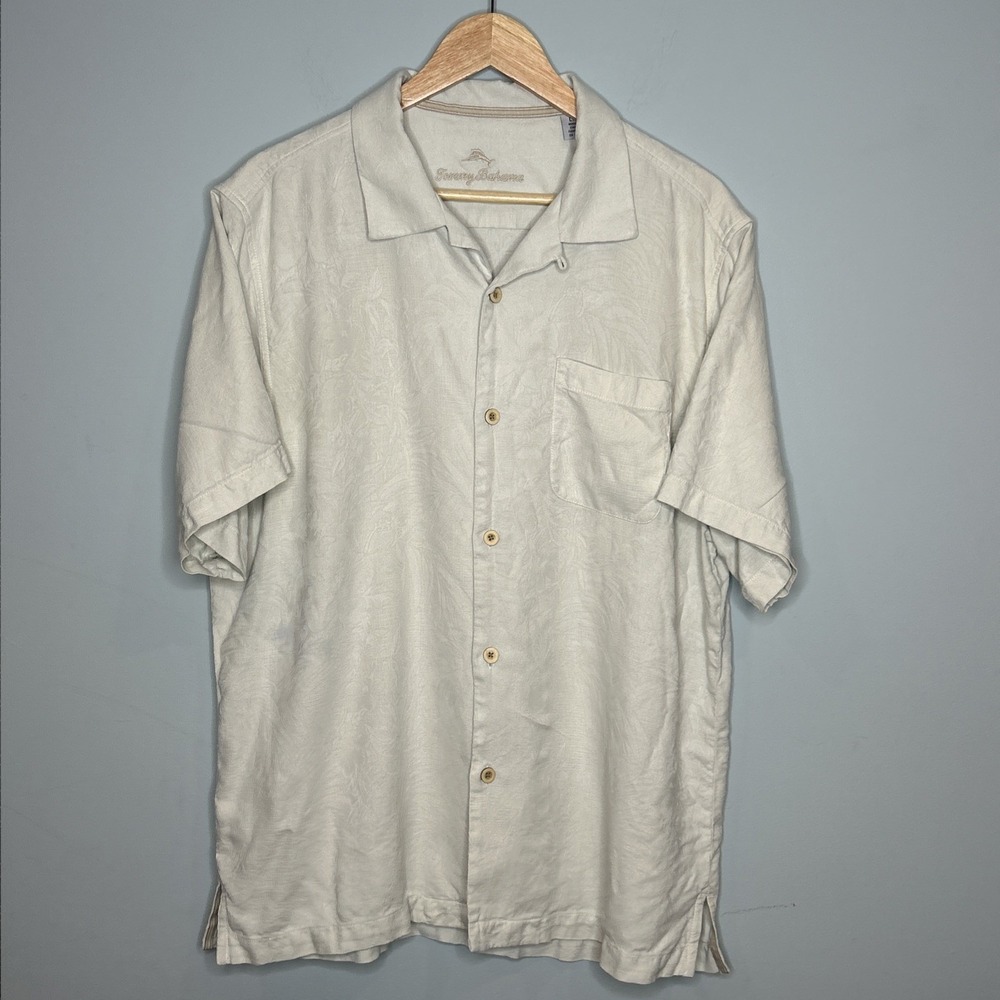 Tommy Bahama Ivory Silk Subtle Floral Short Sleeve Button Up Lg Hawaiian Shirt